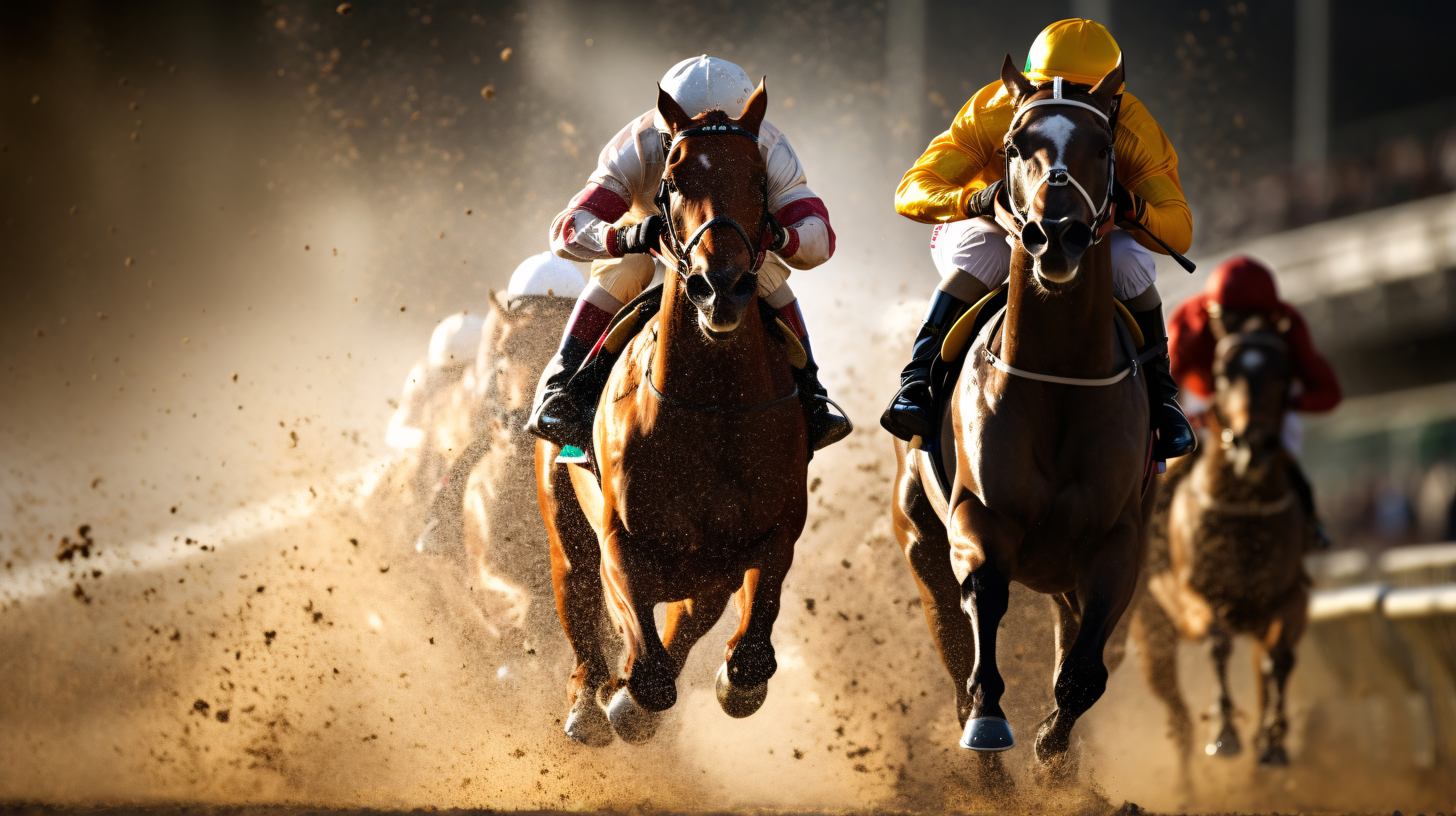 Horse racing track with jockeys